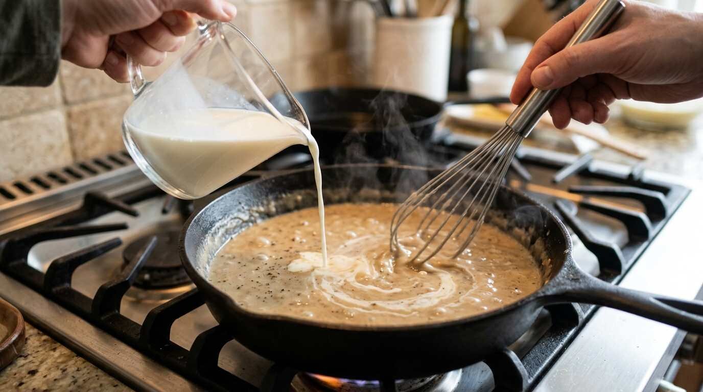 Milk poured into the skillet while whisking