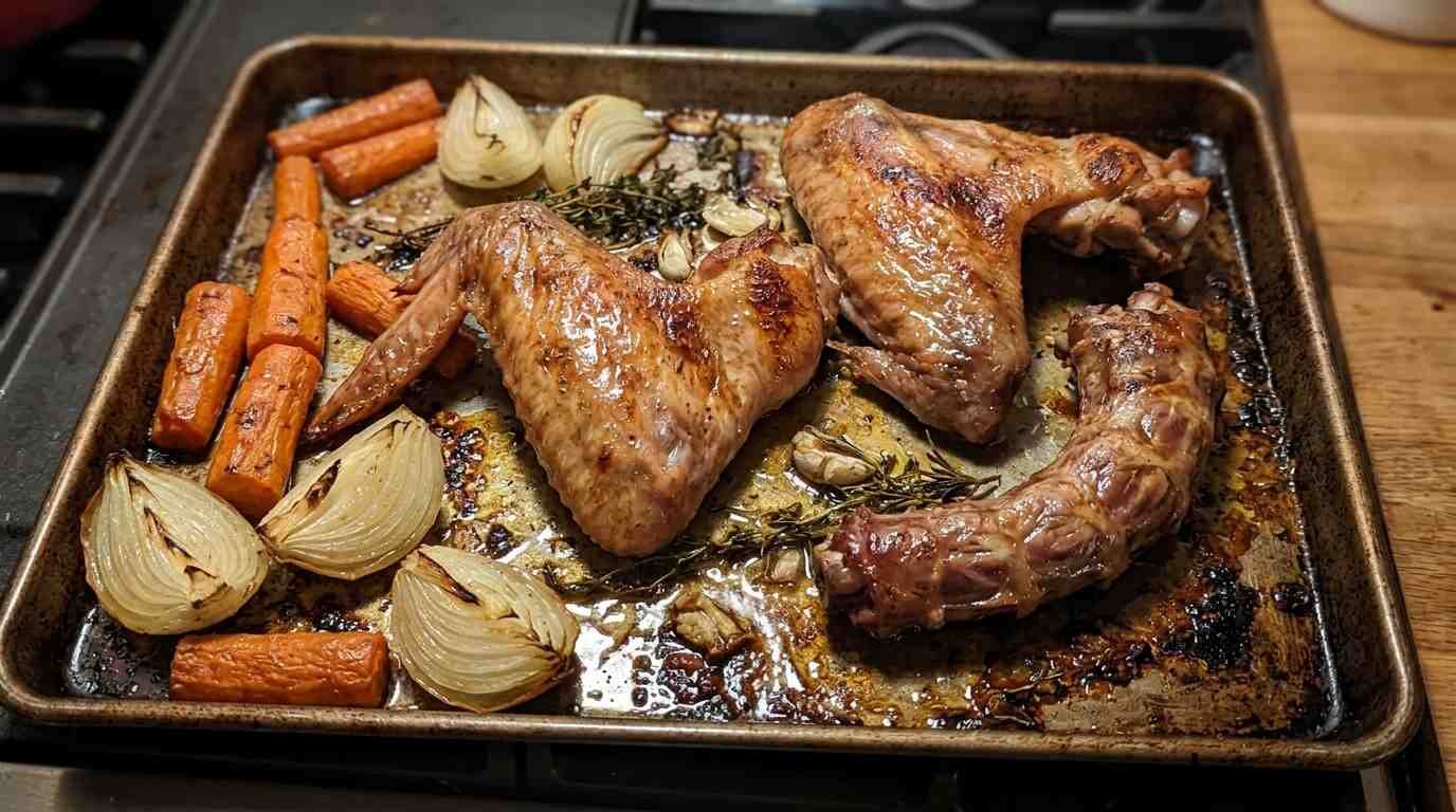 Roasted turkey wings and neck with onion and carrot