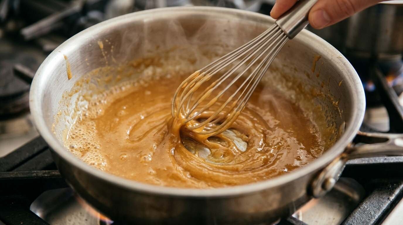 Whisk stirring golden roux in a saucepan