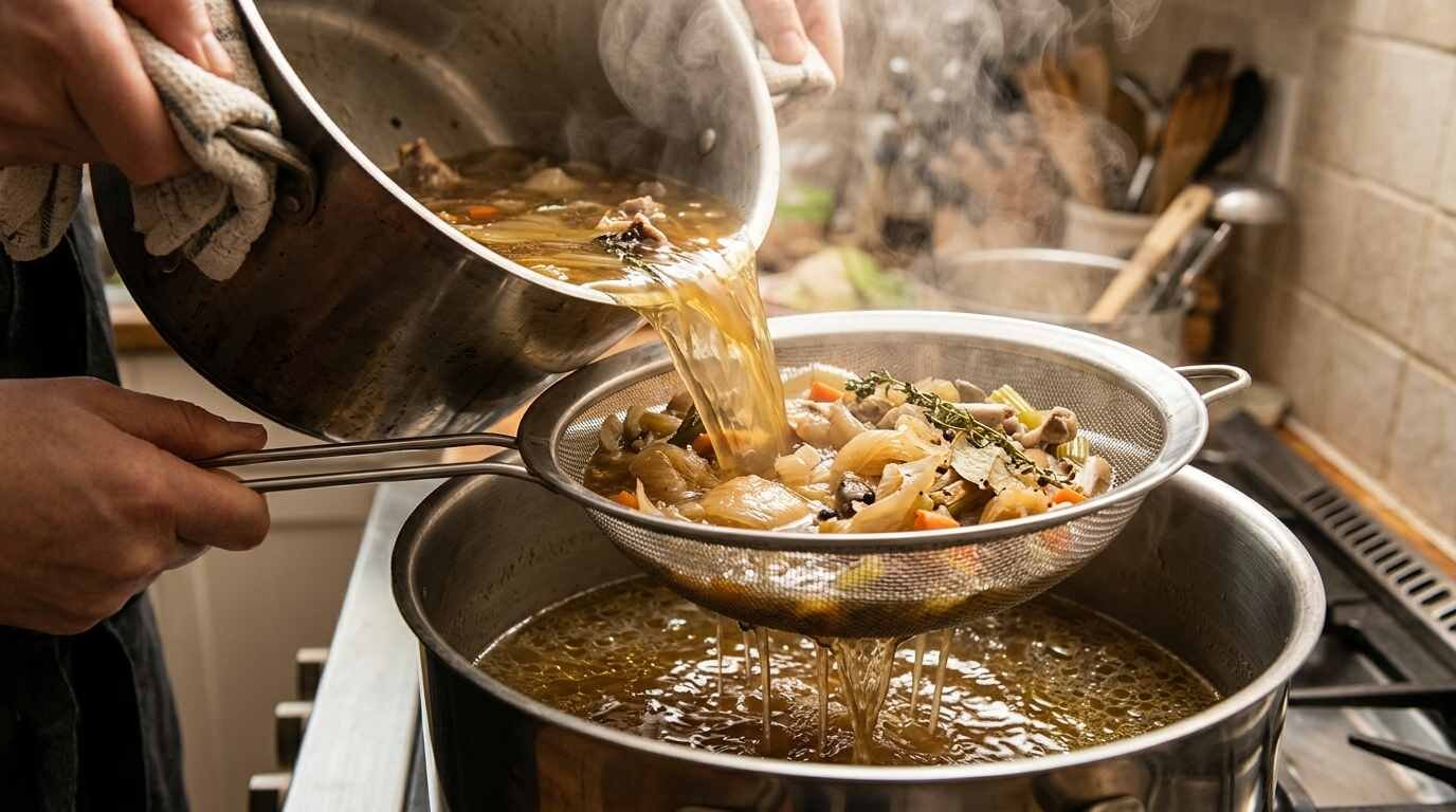 Stock being strained into a large pot