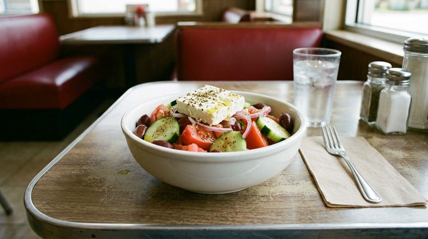 Greek salad with feta and olives in a white bowl