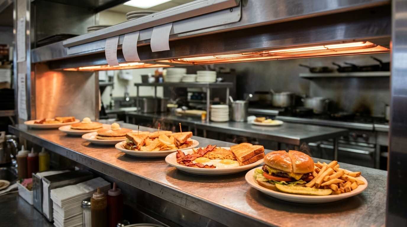 Plates lined up under heat lamps at a diner pass-through