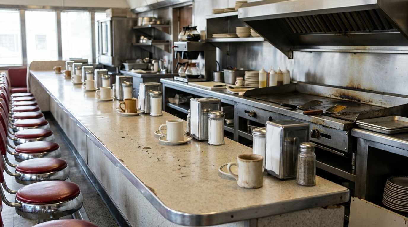 Row of red vinyl counter stools at a diner counter