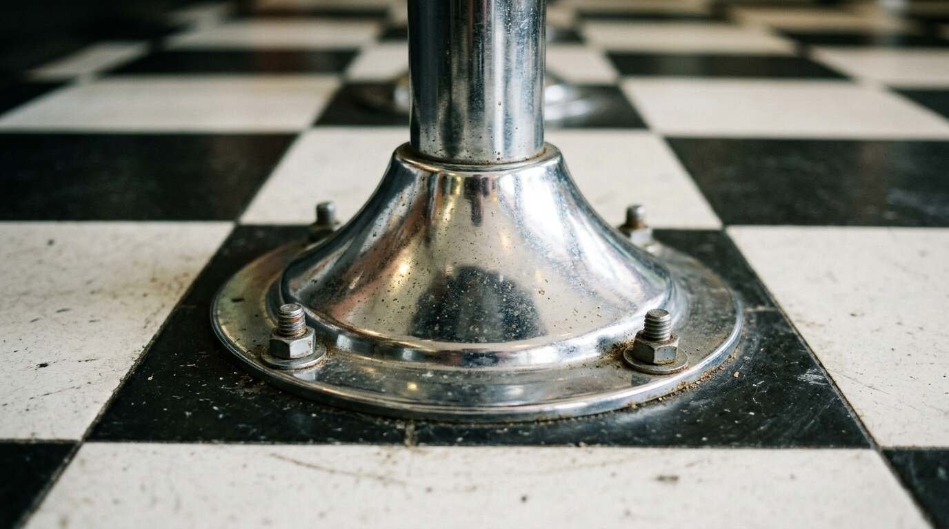 Chrome stool base bolted to a checkerboard floor