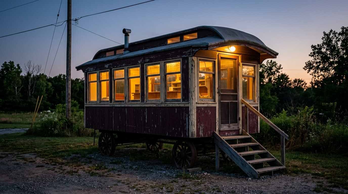 Lunch wagon glowing at dusk