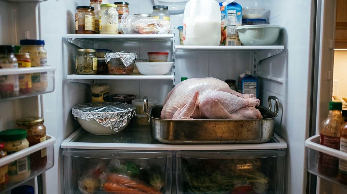 Roasting pan and prep bowls on a kitchen counter