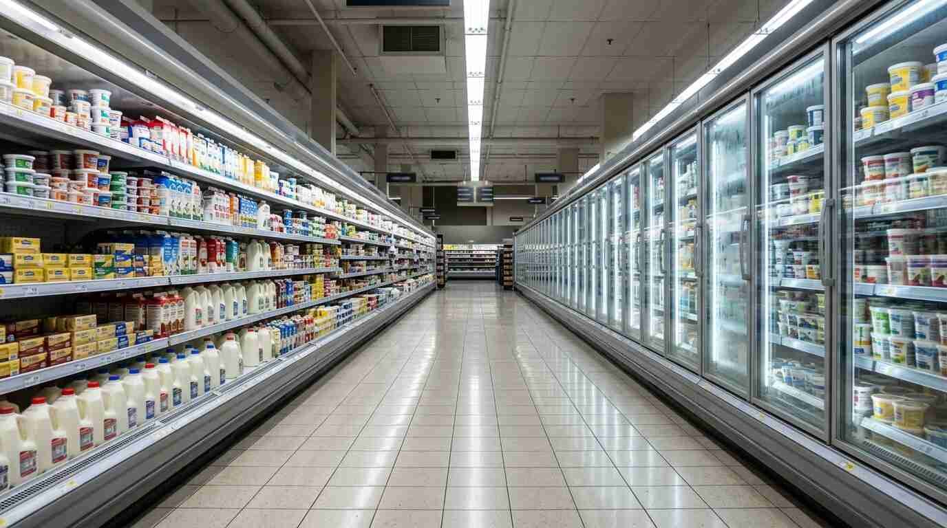 Empty supermarket dairy aisle with brightly lit refrigerated cases and a clean tile floor