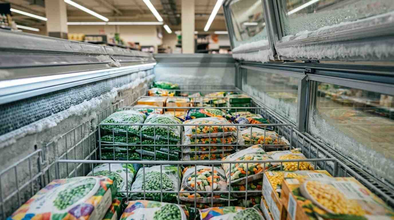 Open-top supermarket frozen food case with frost and stacked frozen vegetables