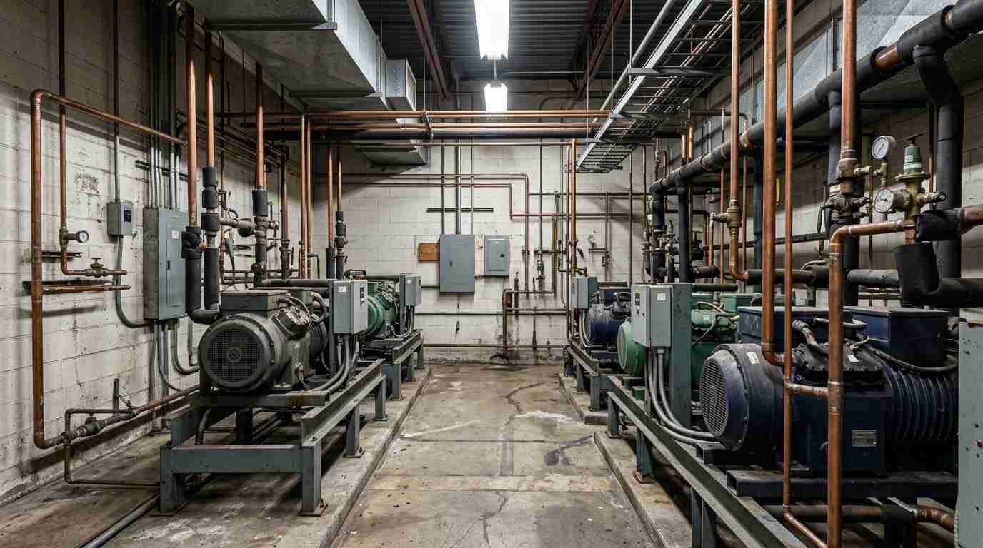 Commercial refrigeration compressor units and copper piping in a supermarket back room