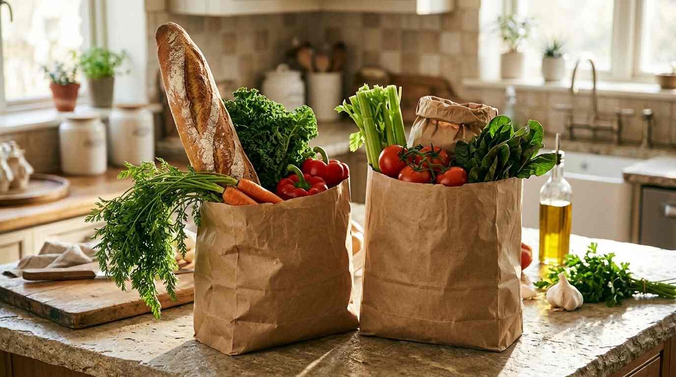 Paper grocery bags filled with fresh vegetables and bread on a sunlit kitchen counter