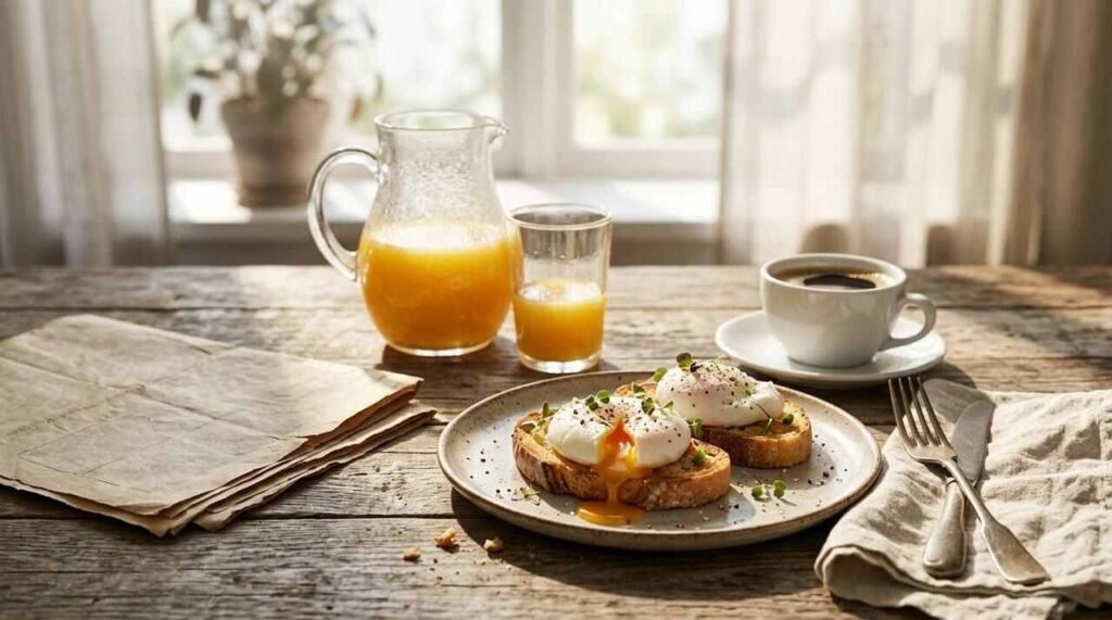 Late-morning brunch table with eggs, orange juice, coffee and a folded newspaper