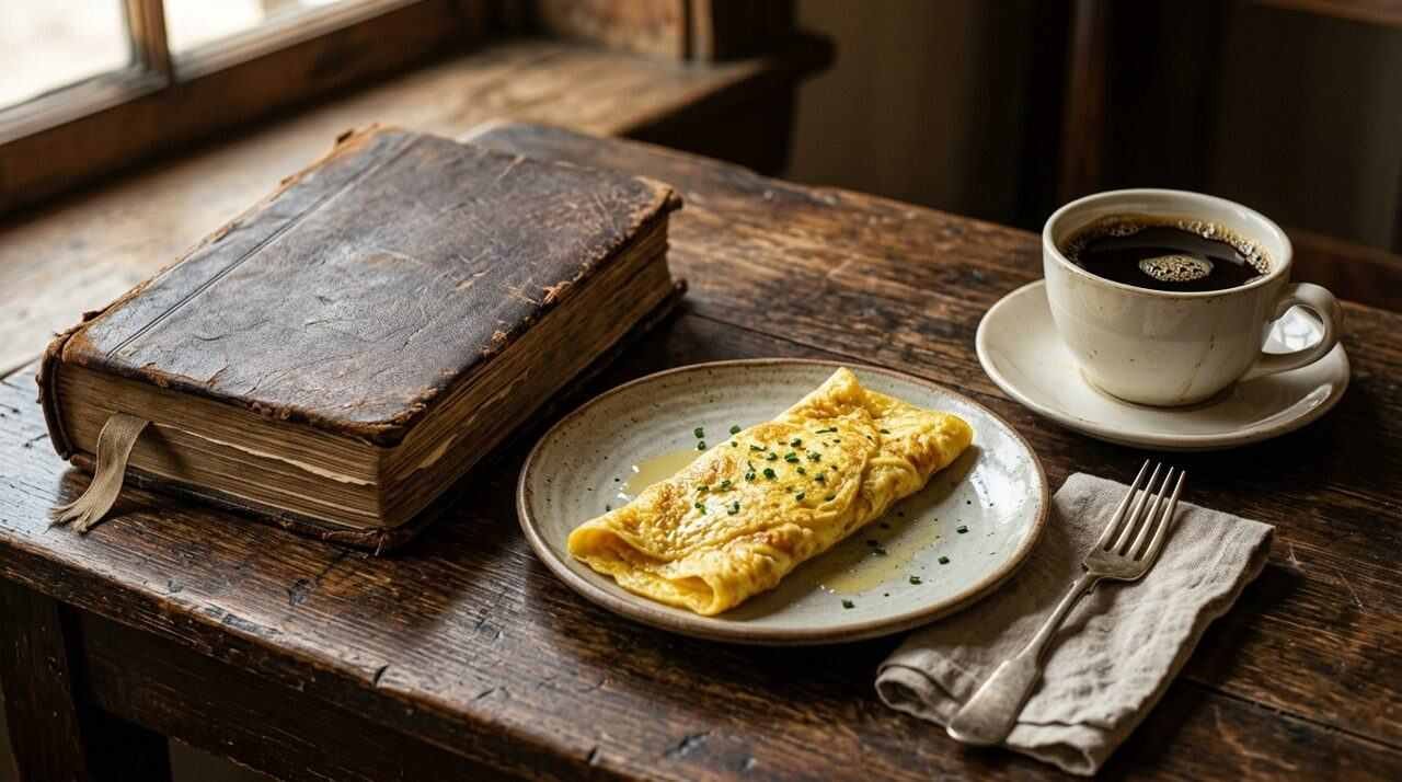 Old guest register beside an omelet and coffee on a dark wood table