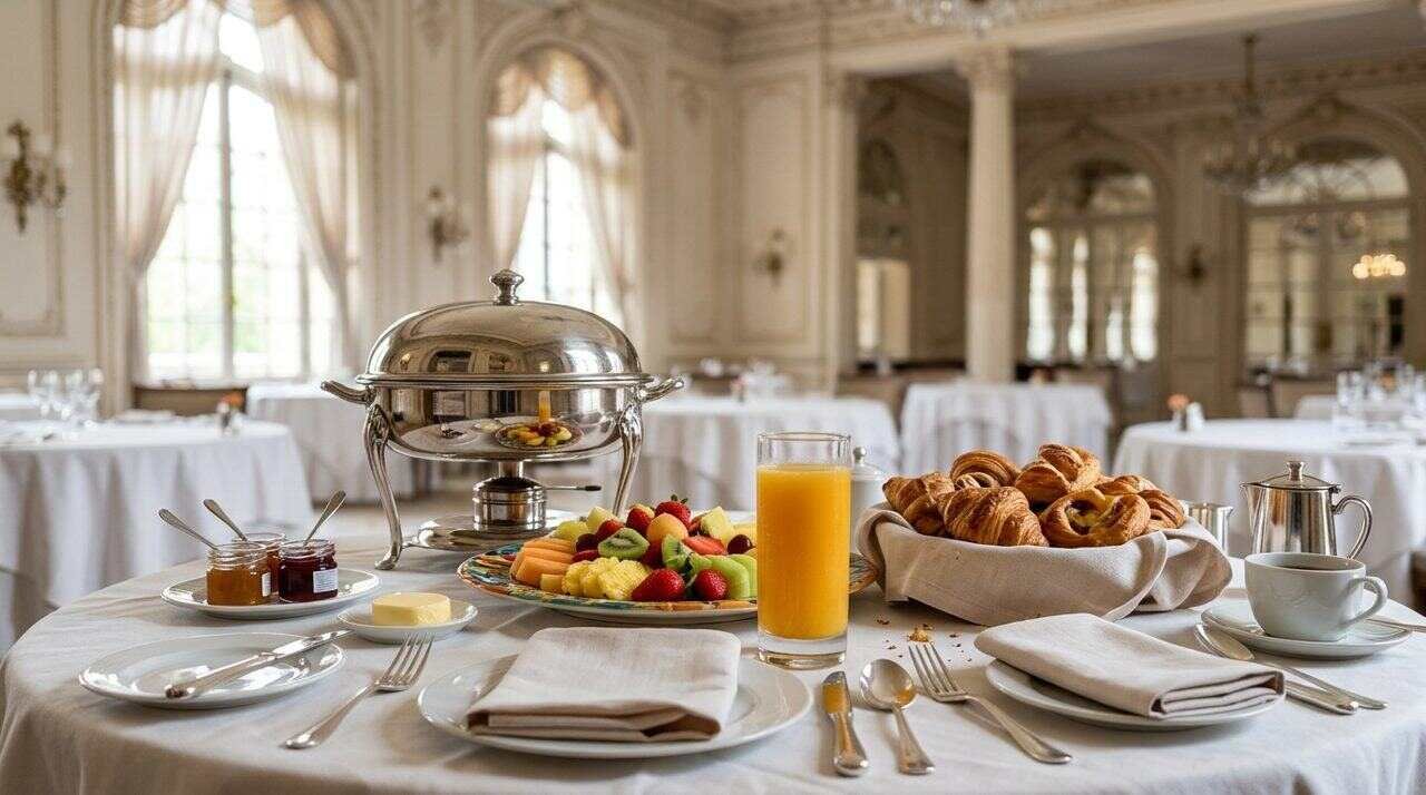 Hotel brunch spread with chafing dish, juice, fruit and pastries