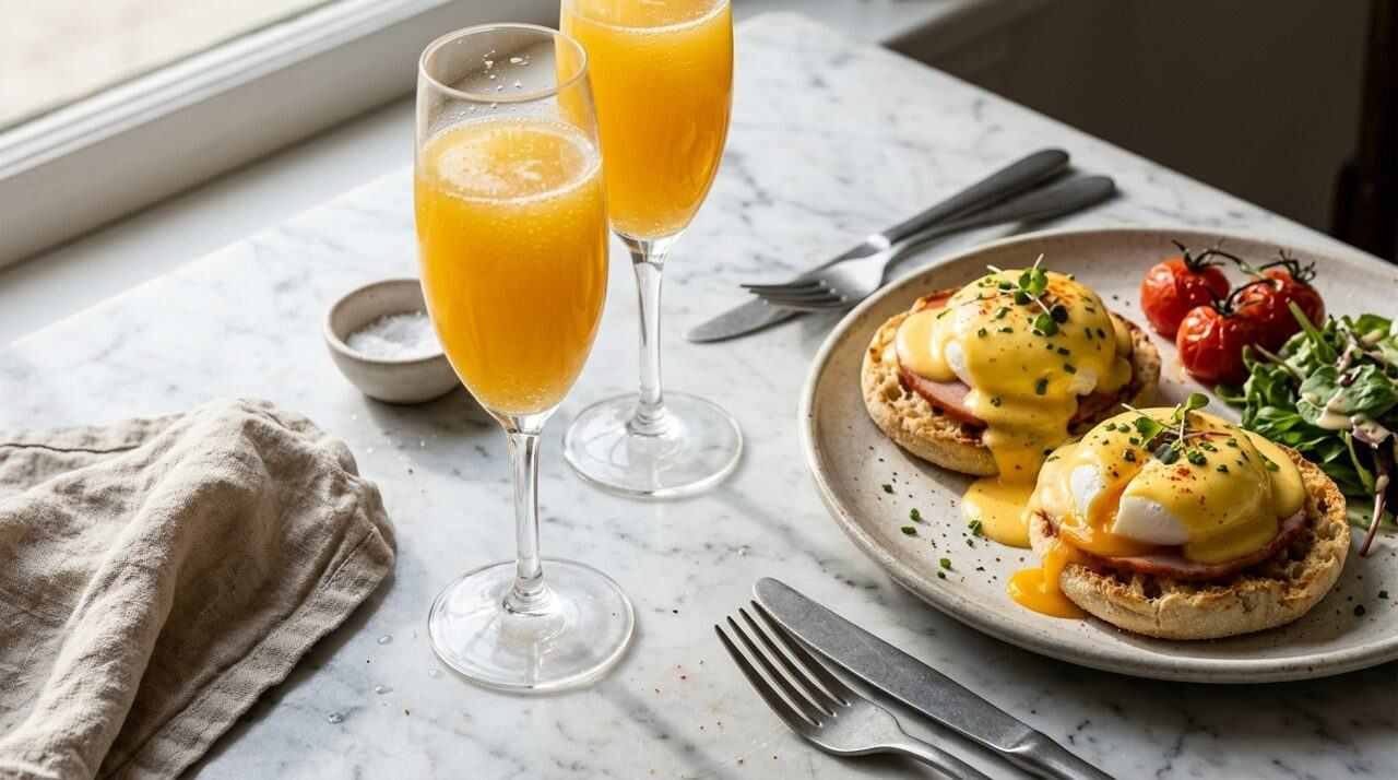 Orange juice cocktails beside eggs Benedict on a marble table