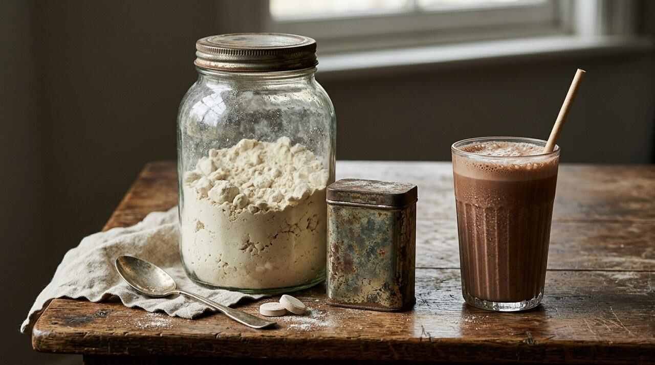 Vintage jar of malted milk powder and a tin of tablets beside a glass of chocolate malt on an oak table