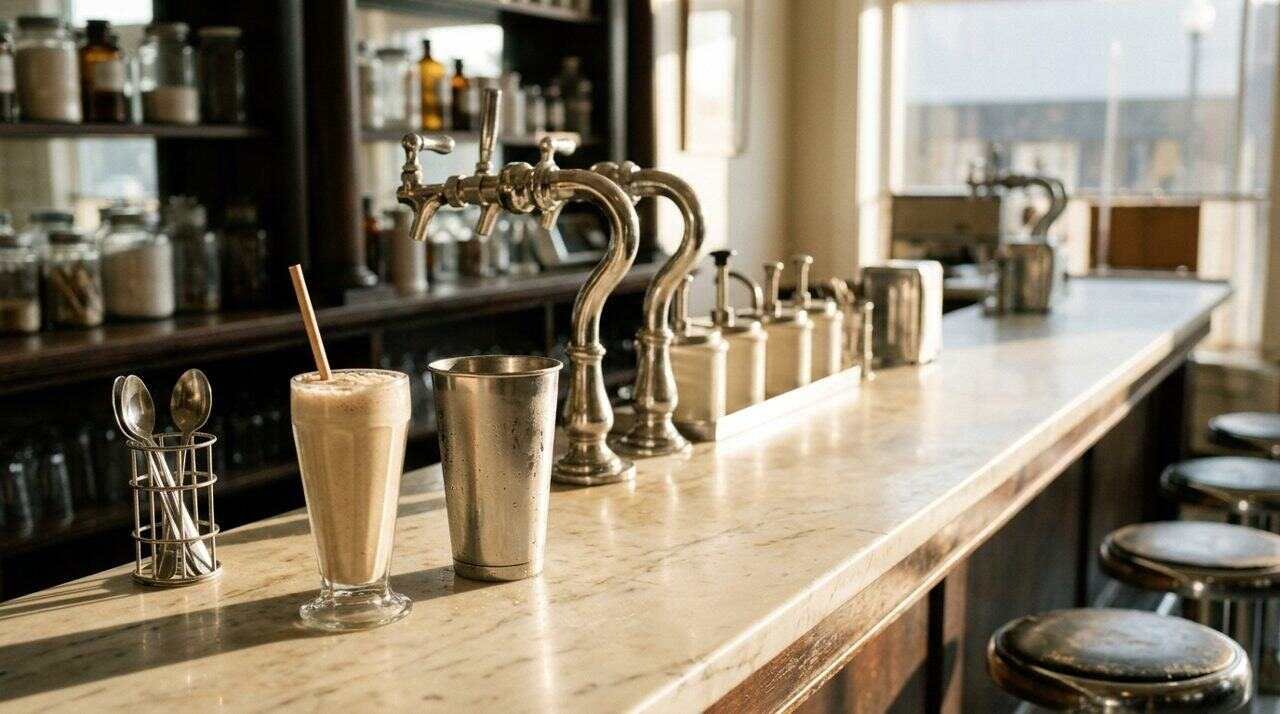 Drugstore soda fountain counter with chrome spigots and a steel malt cup beside a tall glass