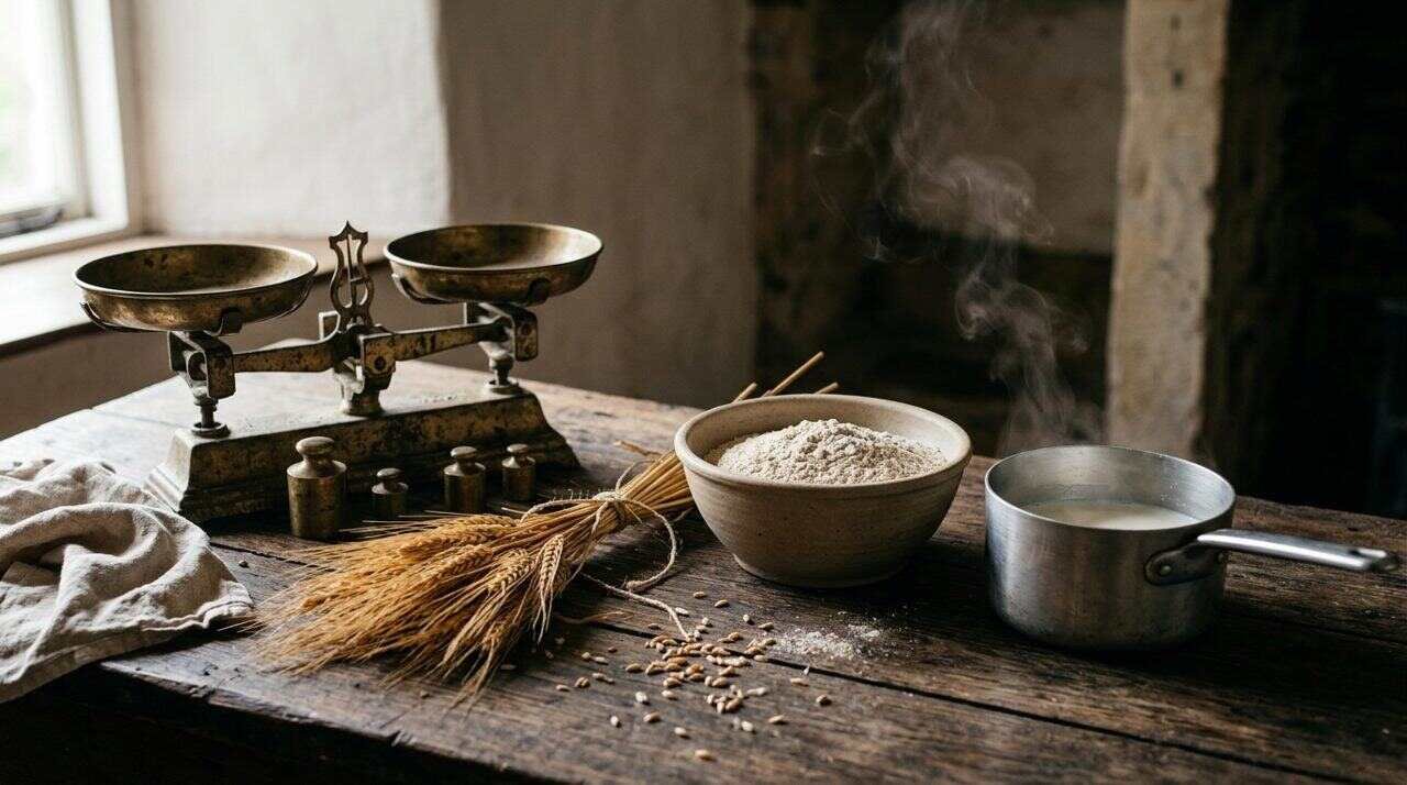 Malted barley, ground wheat and a pot of warm milk on a rustic table beside an old brass scale