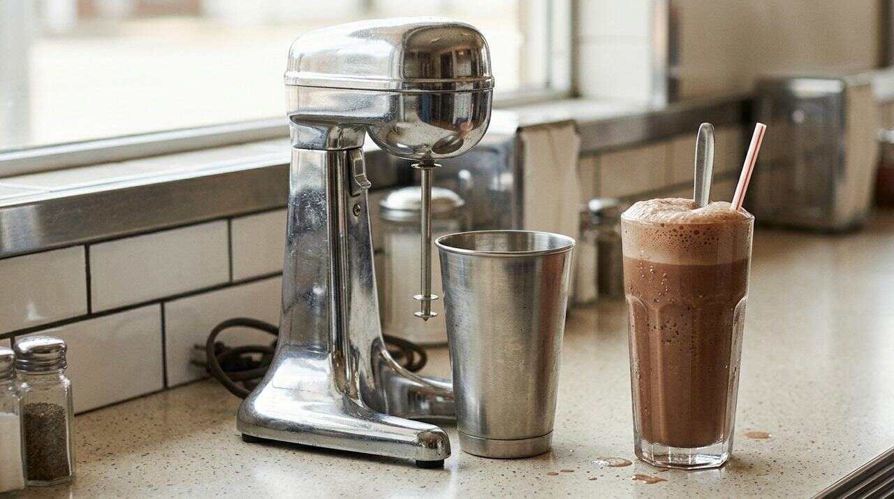 Vintage chrome drink mixer with a steel cup beside a frothy chocolate malt