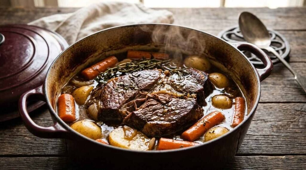 Finished chuck pot roast with carrots and potatoes in a Dutch oven