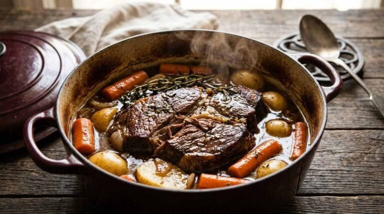 Finished chuck pot roast with carrots and potatoes in a Dutch oven