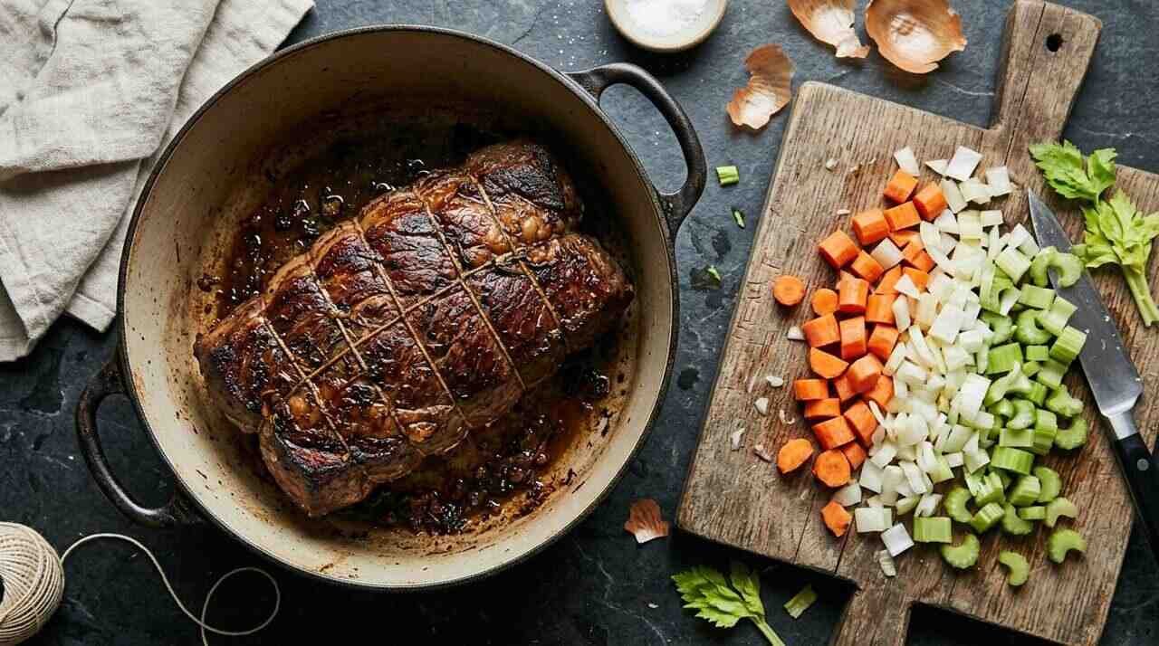 Seared tied chuck roast with chopped vegetables ready for braising