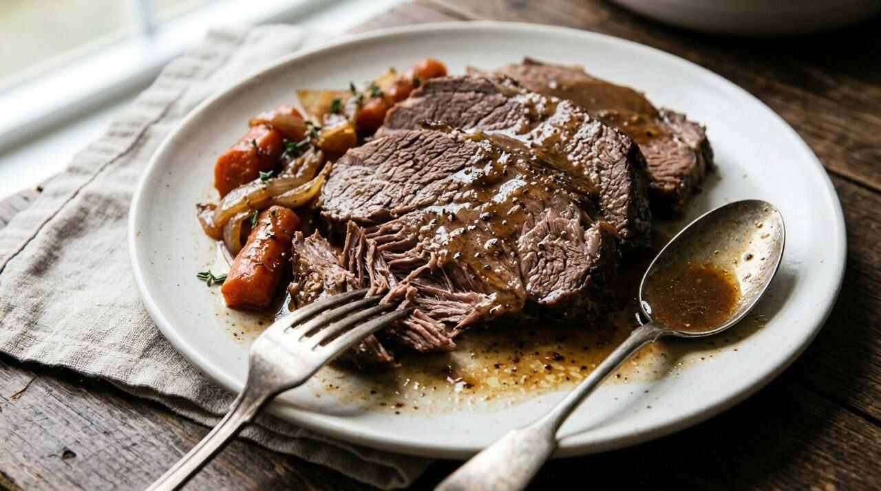 Sliced pot roast on a plate with brown sauce and a fork