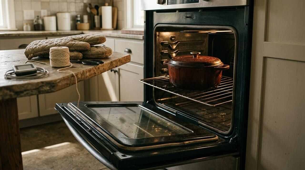 Covered Dutch oven in the oven beside a thermometer and twine