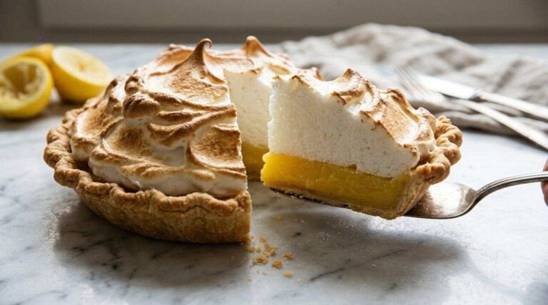 Lemon meringue pie slice showing a clean seam between filling and browned meringue