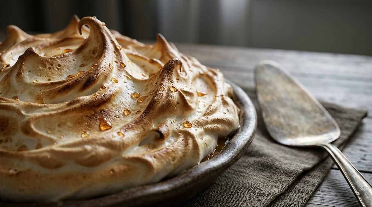 Browned meringue peaks with amber droplets of syrup beading on the surface
