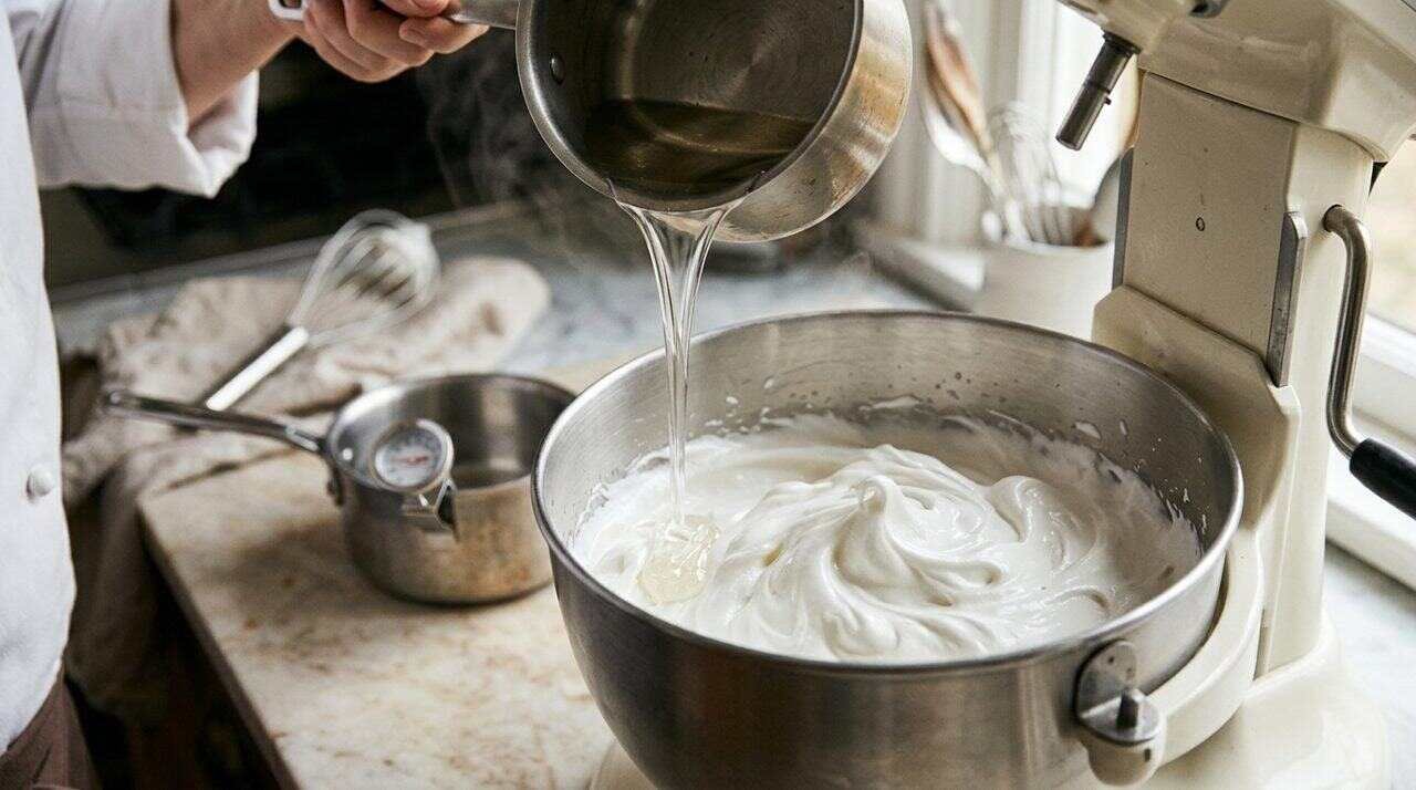 Hot sugar syrup poured into whipping egg whites for Italian meringue