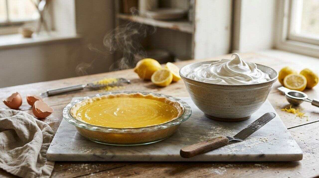 Steaming lemon pie filling beside a bowl of stiff meringue and an offset spatula