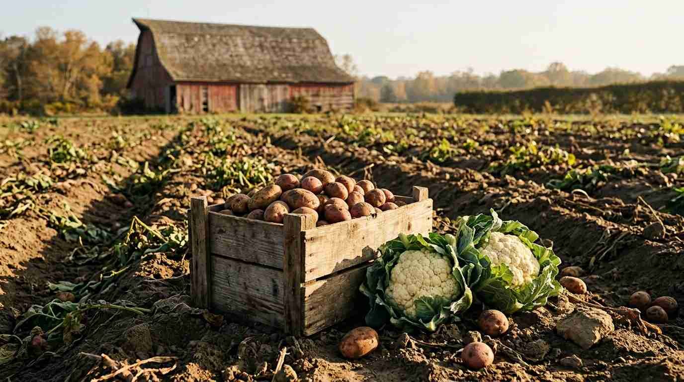 A freshly harvested Long Island potato field with a crate of potatoes and cauliflower heads beside a red barn