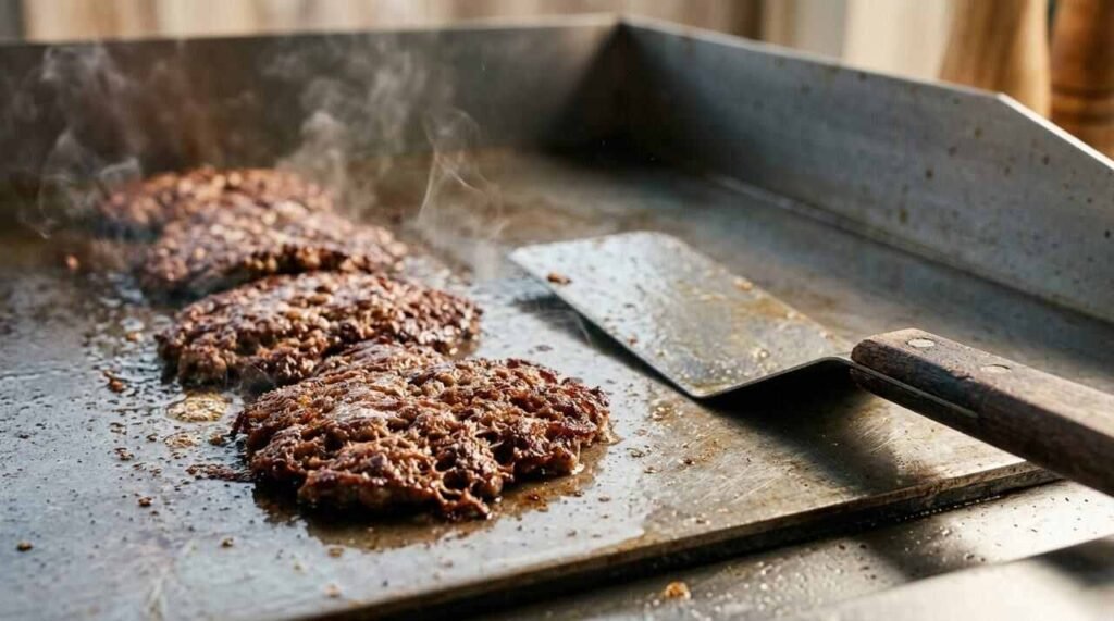 Smashed beef patties with lacy brown crusts on a steel flat-top