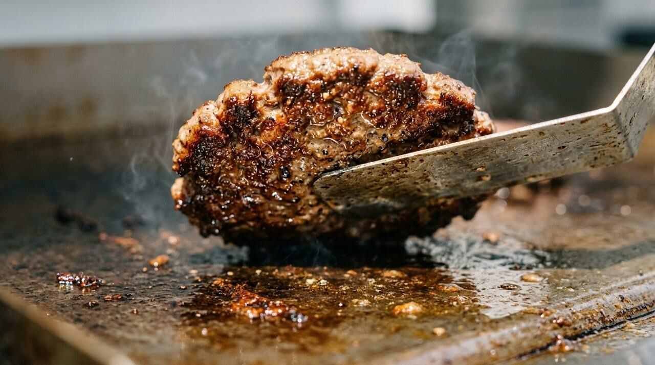 Underside of a burger patty showing a deep brown crust on a spatula
