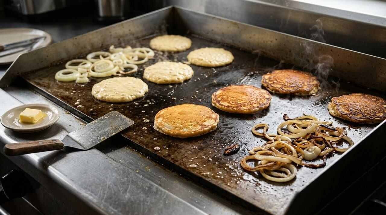 Pancakes and onions browning at different stages on a griddle