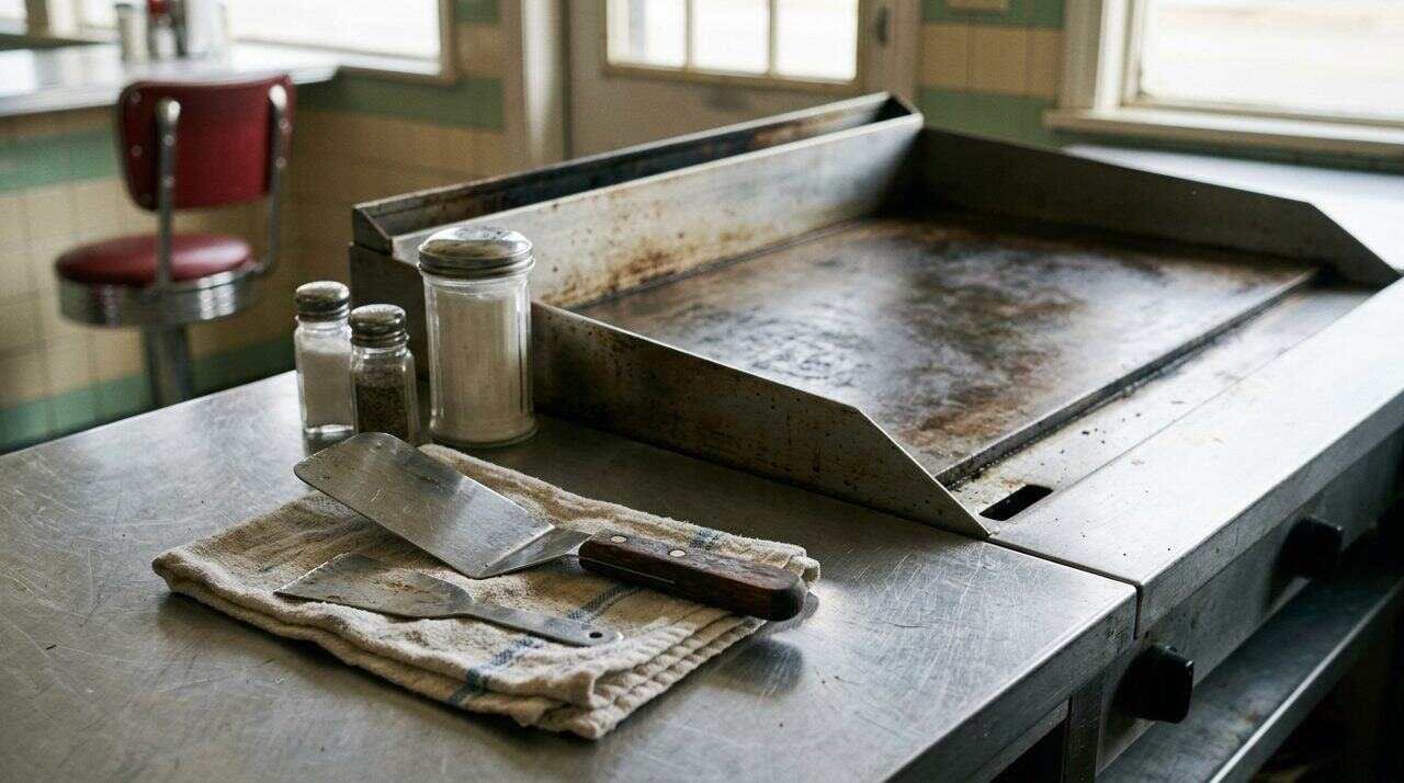 Clean stainless-steel diner flat-top with spatula and scraper