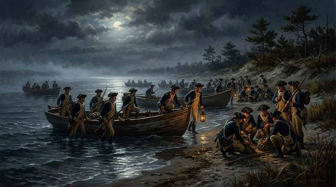 Painterly illustration of Continental dragoons landing from whaleboats on a moonlit Long Island Sound shore in 1780
