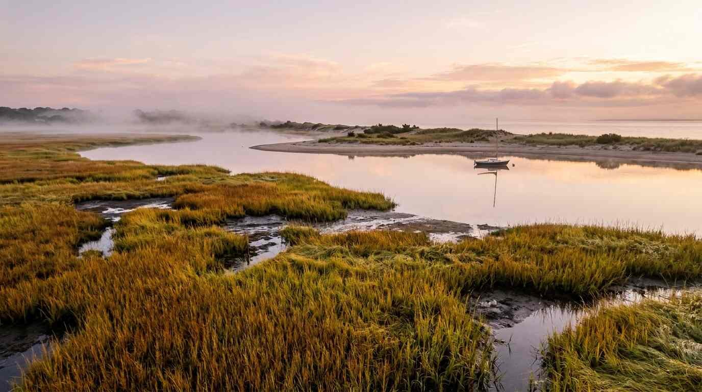 A lone sailboat on glassy water at sunrise beyond a golden salt marsh at the Mount Sinai harbor