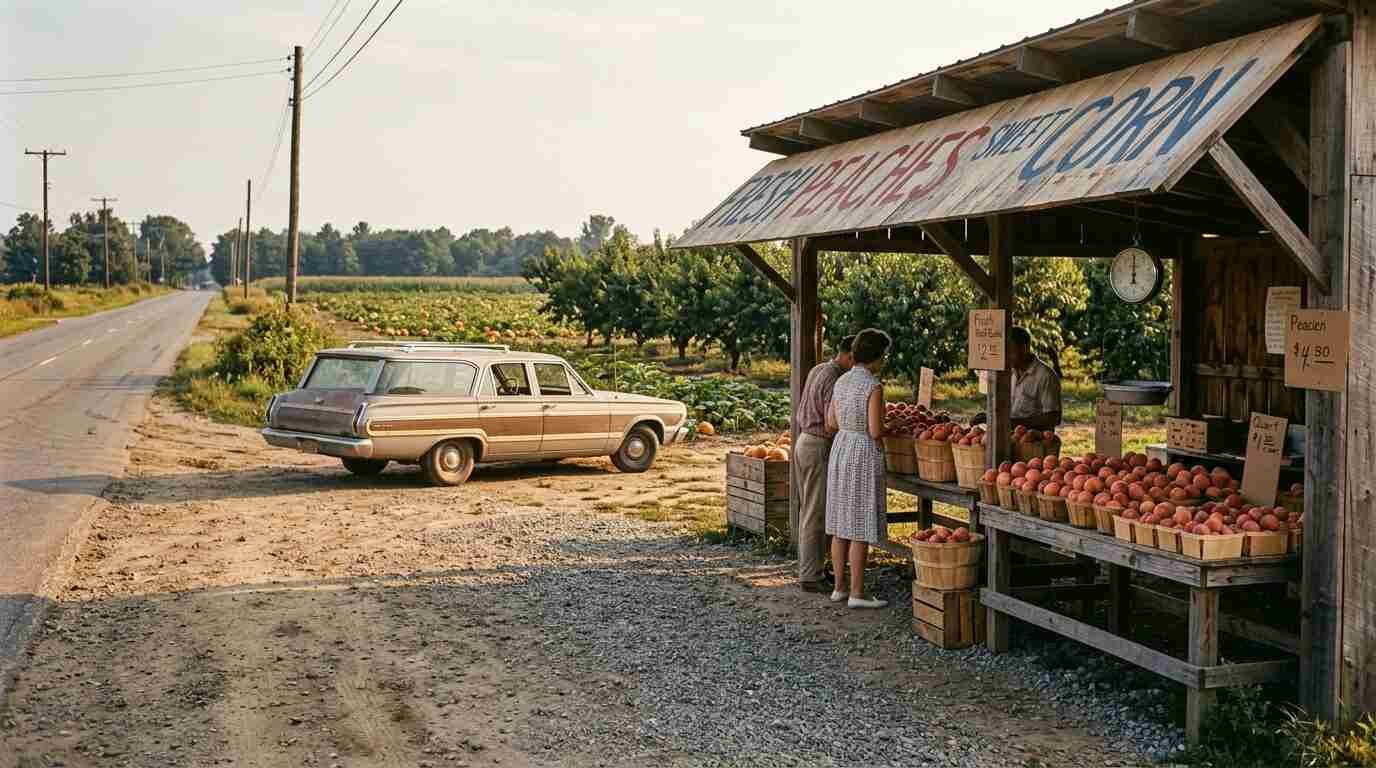 A mid-century roadside farm stand selling peaches beside a rural North Shore road, a station wagon parked out front