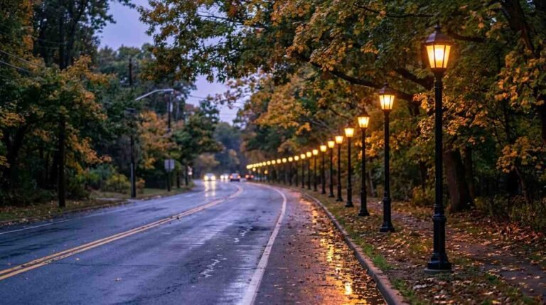 New decorative streetlamps glowing along a quiet two-lane road on Long Island North Shore at dusk, Route 25A in Mount Sinai