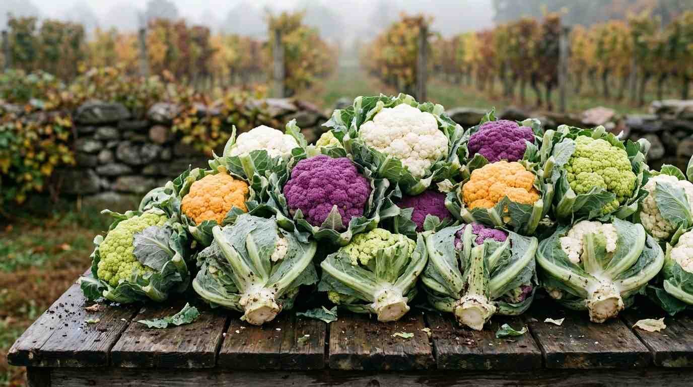 A North Fork farm stand table stacked with white, purple, green and orange cauliflower