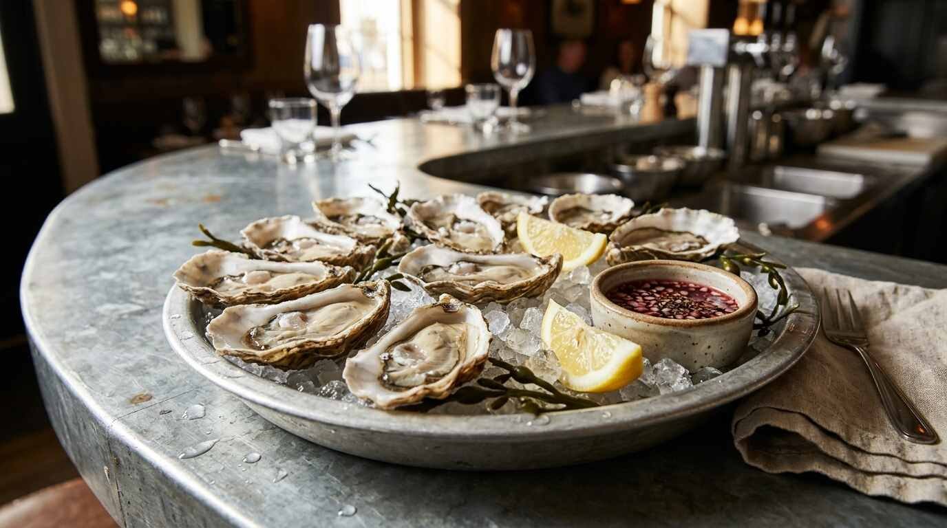 A dozen oysters on the half shell on crushed ice at a restaurant raw bar with lemon and mignonette