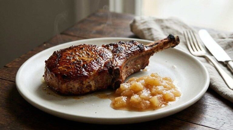 Seared bone-in pork chop on a white plate beside chunky applesauce