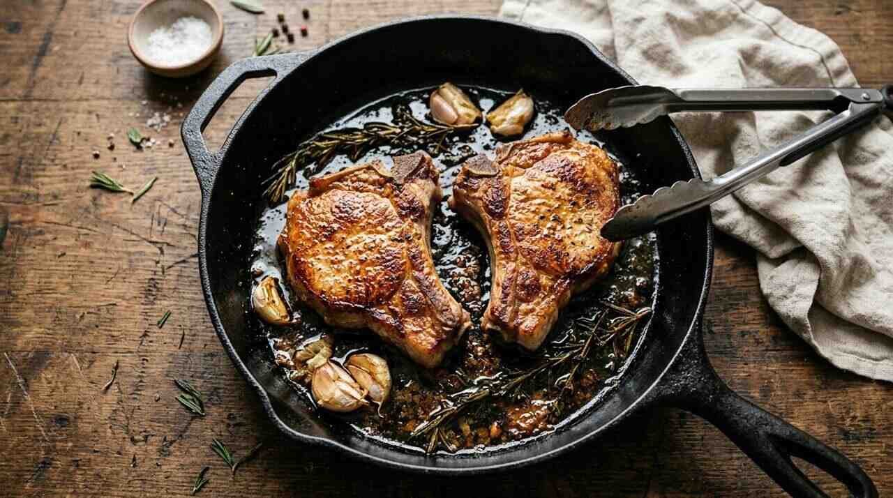 Two pork chops searing in a cast-iron skillet