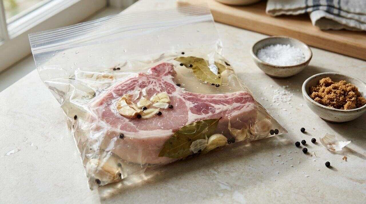 Pork chop soaking in a brine bag with garlic, bay leaves and peppercorns
