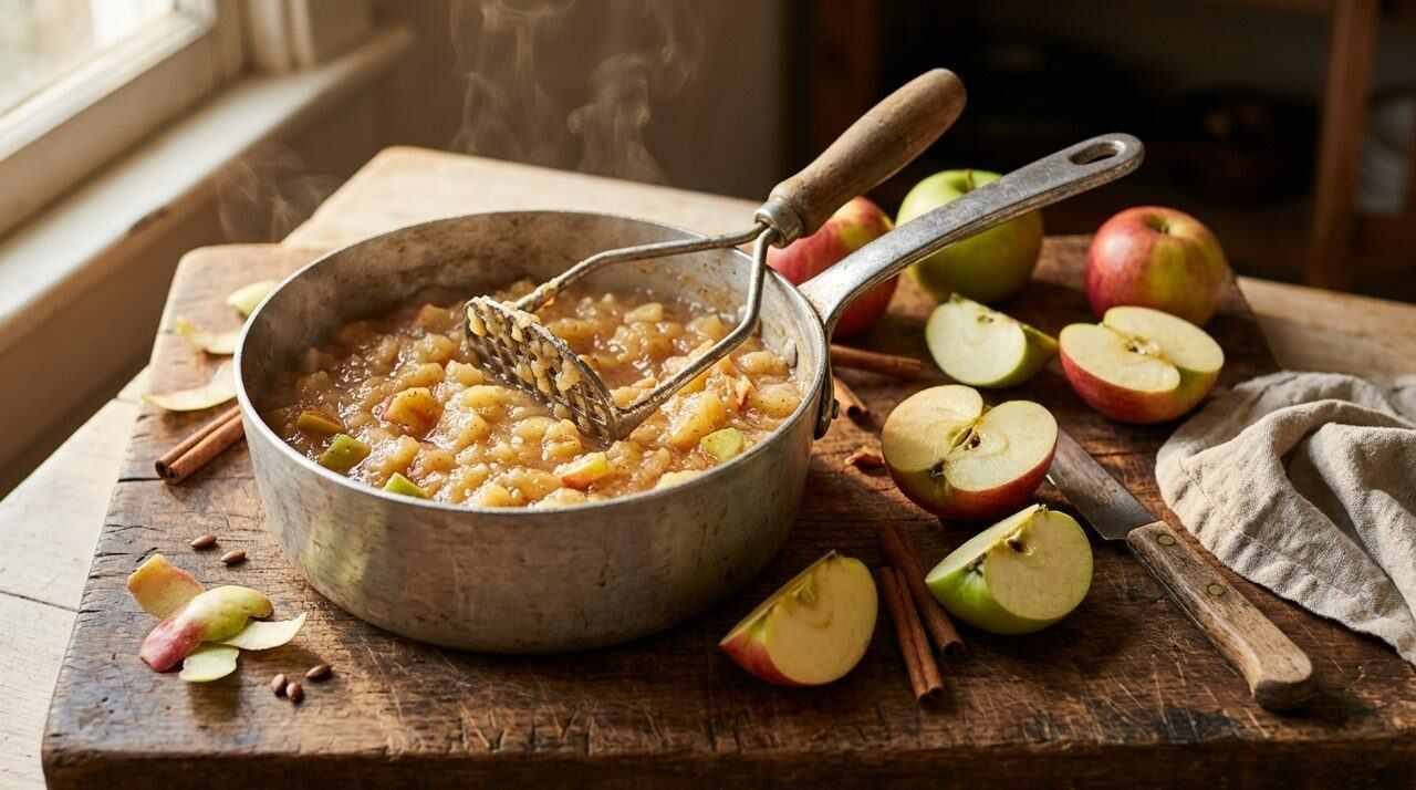 Saucepan of chunky homemade applesauce with apples and a potato masher