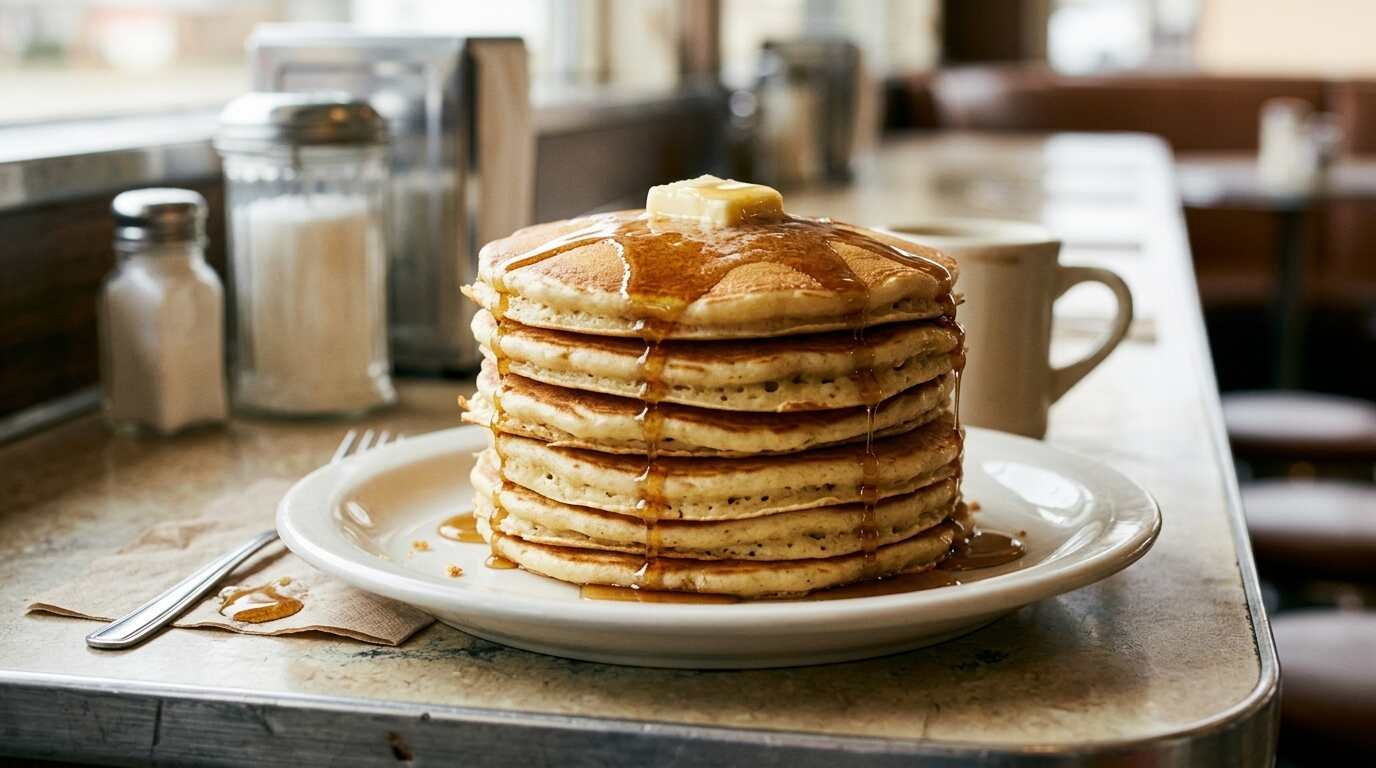 A tall stack of pancakes topped with melting butter and syrup on a white plate at a diner counter