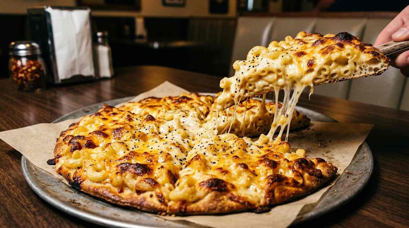 A slice of mac and cheese pizza pulled away from the pie, showing baked macaroni over a crisp crust