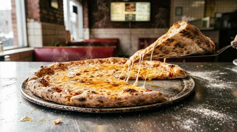 A New York-style cheese pizza on a worn pan with one slice lifted and a string of mozzarella stretching, a Syosset pizzeria classic