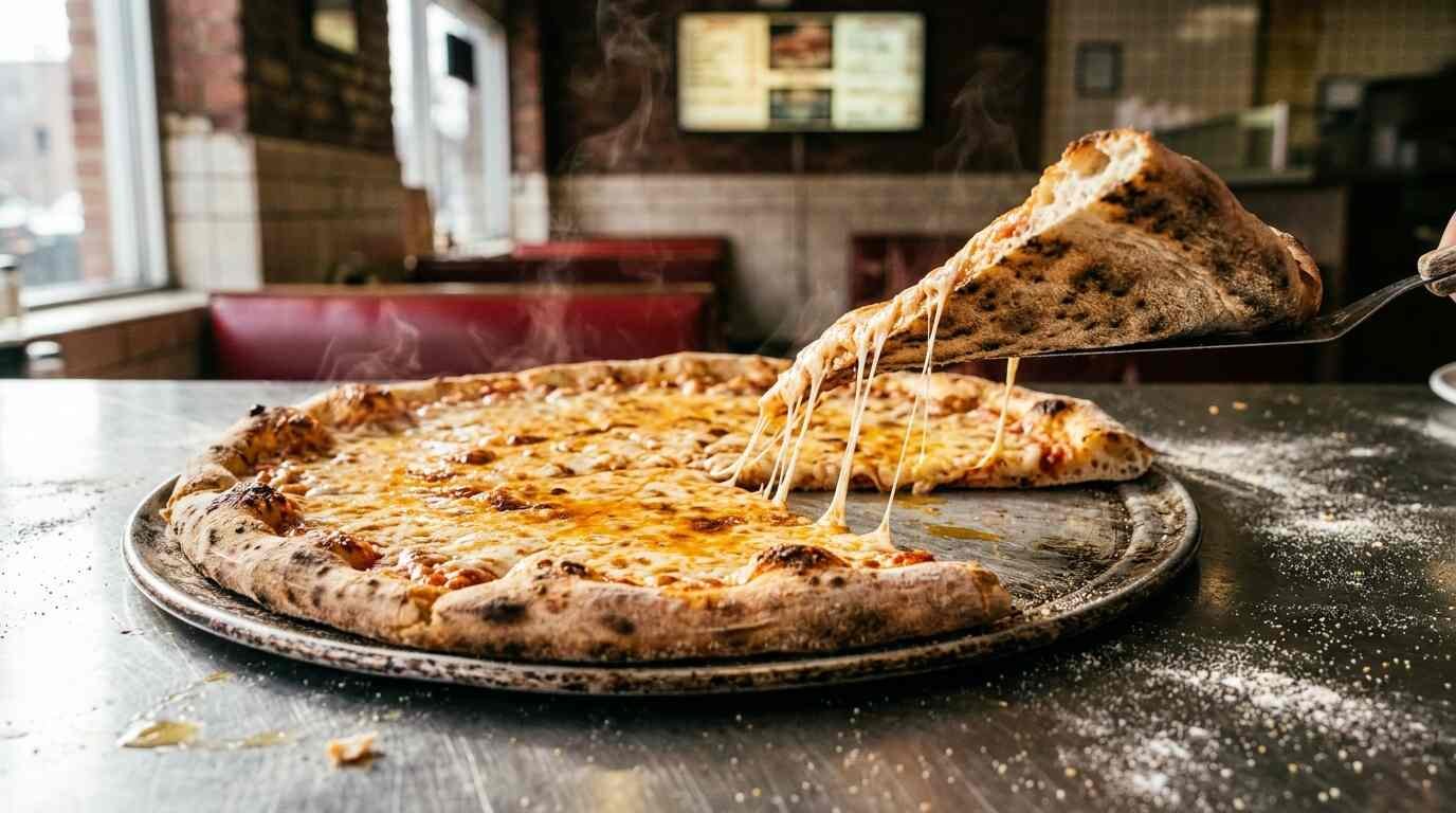A New York-style cheese pizza on a worn pan with one slice lifted and a string of mozzarella stretching, a Syosset pizzeria classic